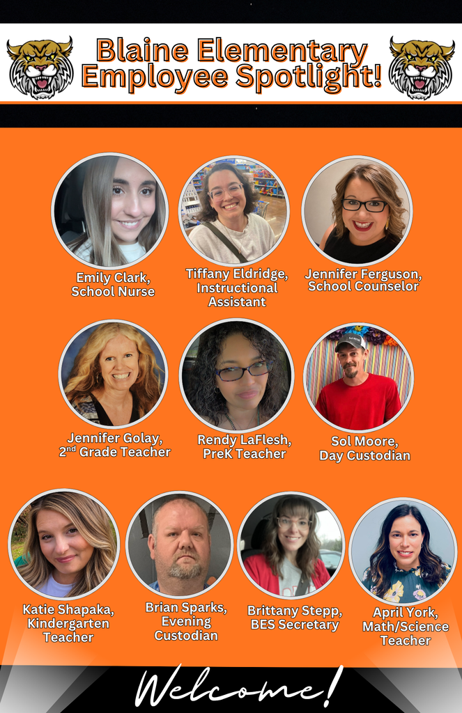 A banner with an orange background displays circular photos of individuals. Names and roles are below each photo, including School Nurse, Instructional Assistant, etc.