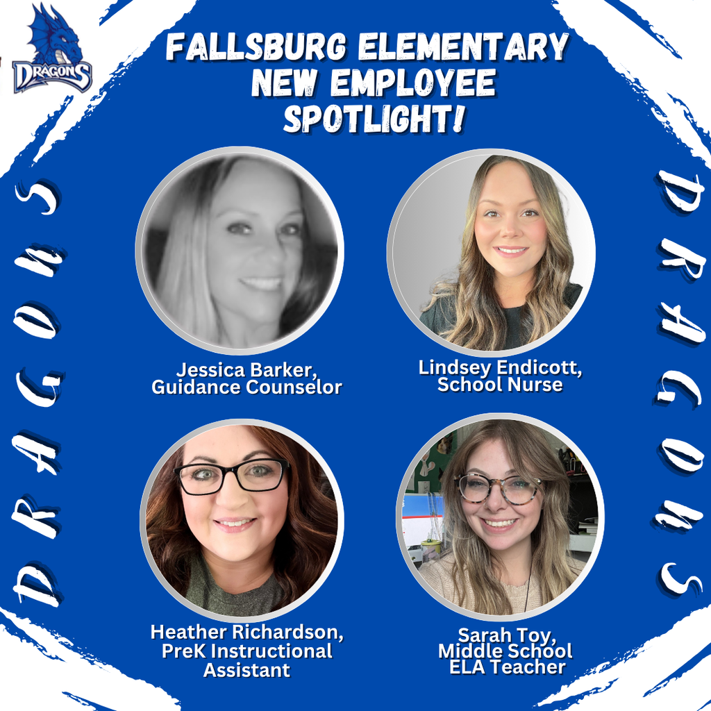 Four women in circular frames. Jessica Barker, Lindsay Endicott, Heather Richardson, and Sarah Toy. Text reads "Fallsburg Elementary New Employee Spotlight."