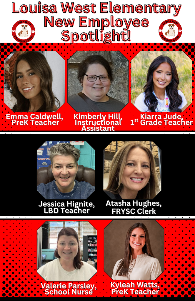 A black and red-patterned poster features six female employees, each with their name, title, and a small headshot.