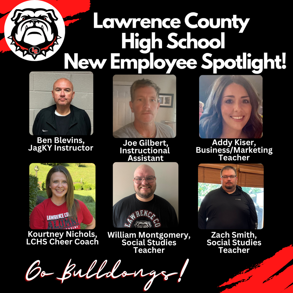A promotional poster for Lawrence County High School features six employee headshots. Titles include JagKY Instructor, Assistant, and Social Studies Teacher.