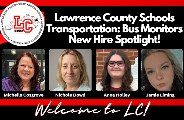 An advertisement for Lawrence County Schools Transportation featuring four women: Michelle, Nichole, Anna, and Jamie, with a black and red background.