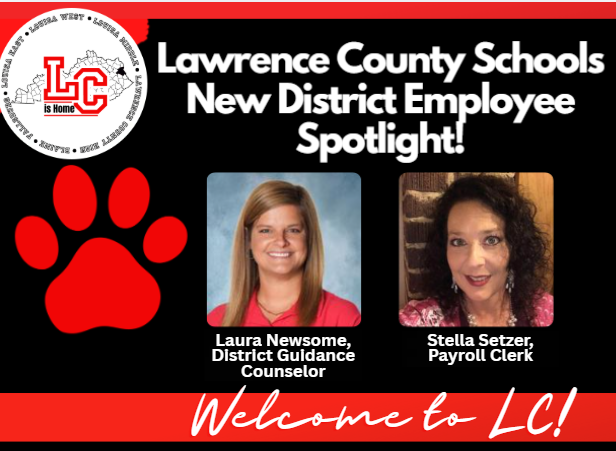 Red background with a paw print. Two photos of women, one smiling, both with names. "Lawrence County Schools New District Employee Spotlight" in bold.