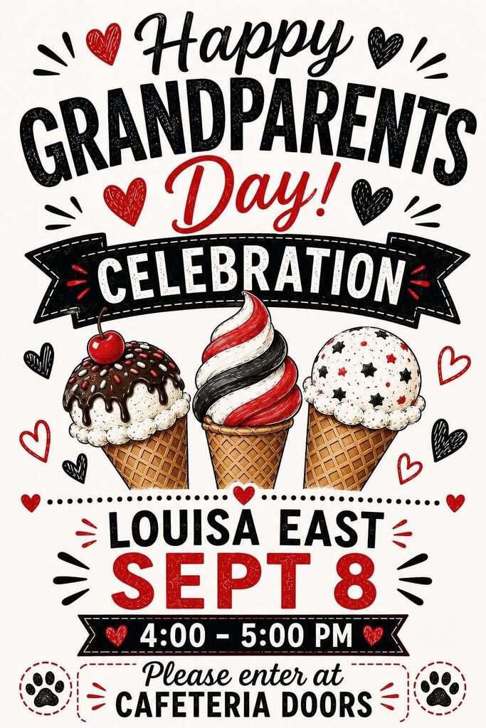 Event poster with three ice cream cones, red hearts, and paw prints. Text reads: "Happy Grandparents Day! Celebration Louisa East Sept 8 4:00 - 5:00 PM."