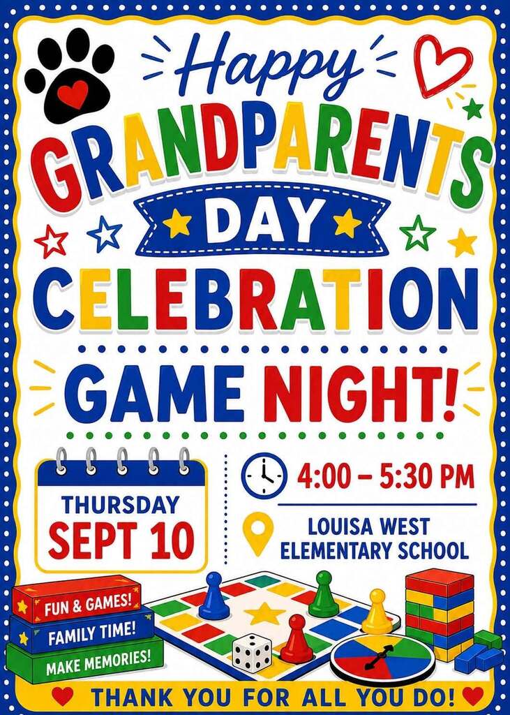 A colorful poster advertises a Grandparents Day Celebration Game Night on Sept 10. Times are 4-5:30 PM.