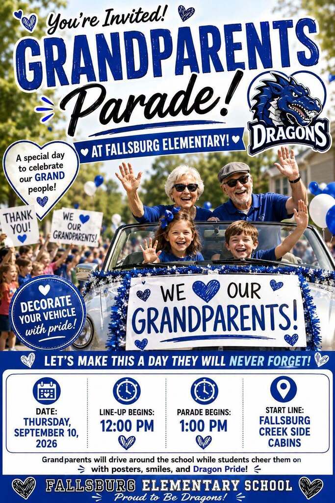 Flyer with blue and white background. Text reads "Grandparents Parade!" at Fallsburg Elementary. Adults and children wave from vehicle. Date, time, and location listed.