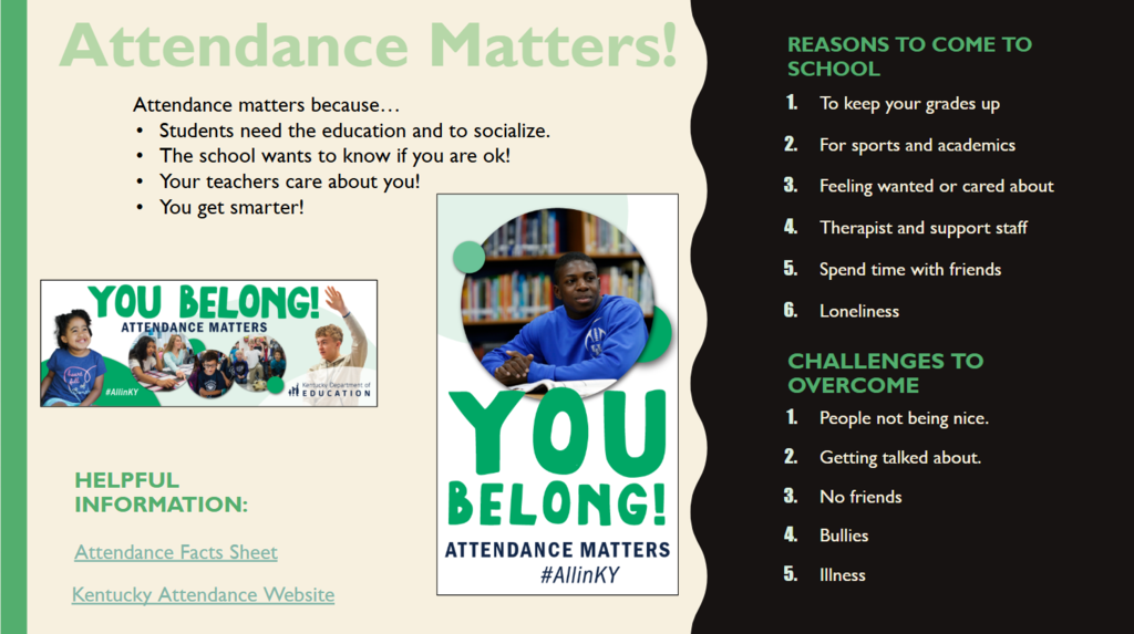 A poster with a blue background contains text and images. It emphasizes the importance of attending school.