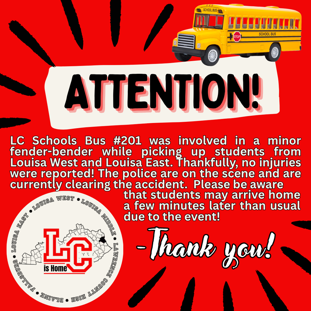 Red background with white text. "ATTENTION!" and "Thank you!" Large bus icon on top. Information about a bus accident.