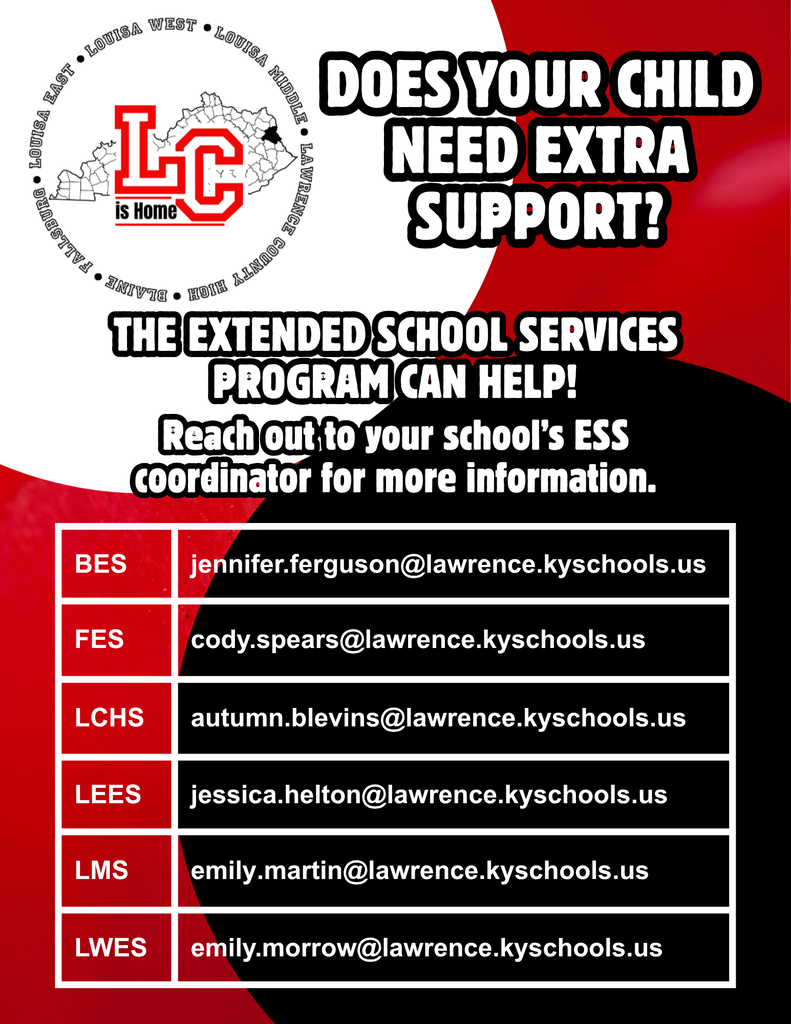 An advertisement for the Extended School Services Program features a red, black, and white color scheme. It contains email addresses for each school's ESS coordinator.