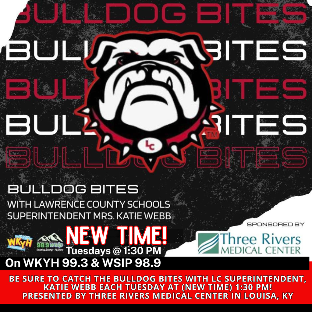 Poster with a bulldog logo, title "Bulldog Bites", and information about a new time for a radio show.
