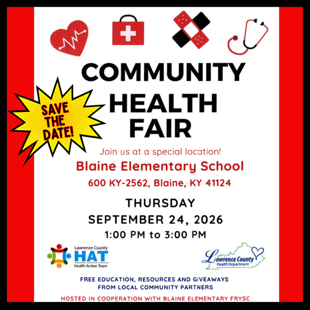 An event poster for a community health fair. Features icons of a heart, cross, first aid, and stethoscope. Date, time, and location are listed.