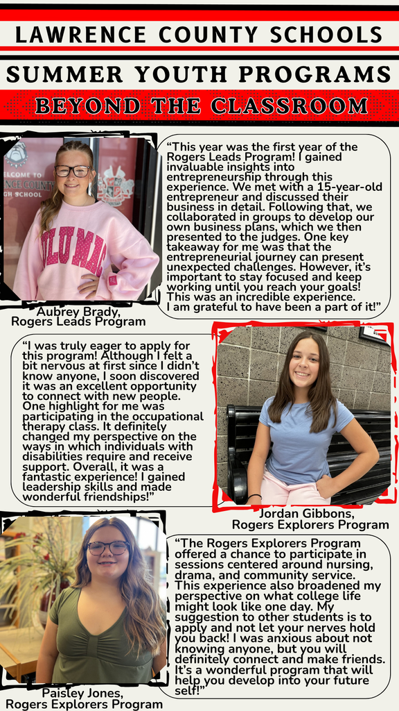 A layout with three sections, each featuring a photo of a smiling youth, text about their positive experiences, and a title related to Lawrence County Schools' youth programs.