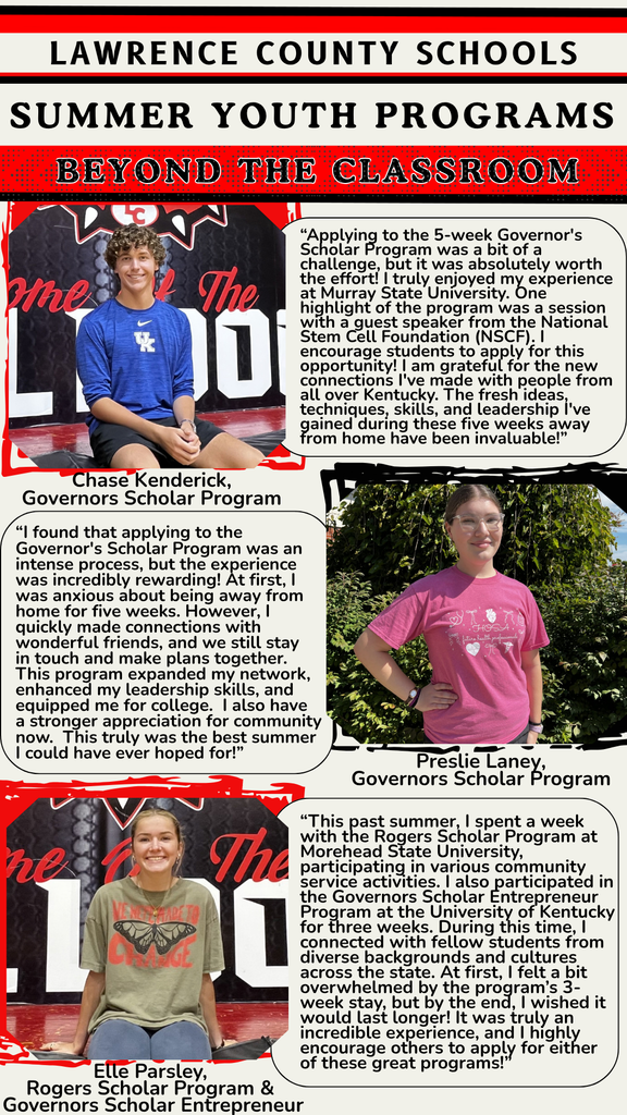Three students, one boy and two girls, wear T-shirts. Two of them hold a school logo. A bold title reads "Beyond the Classroom." Text and images are in red and black.