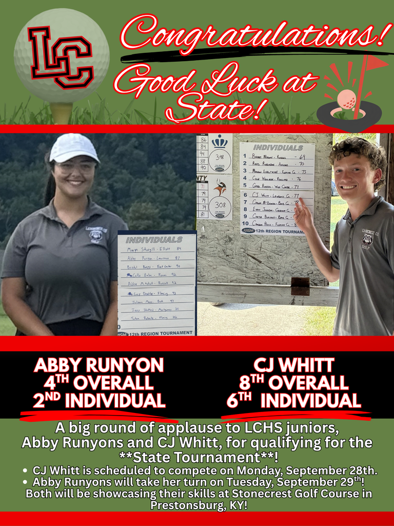 A poster announces congratulations for Abby Runyon and CJ Whitt for qualifying for the state tournament. Abby stands next to a scorecard and CJ waves.