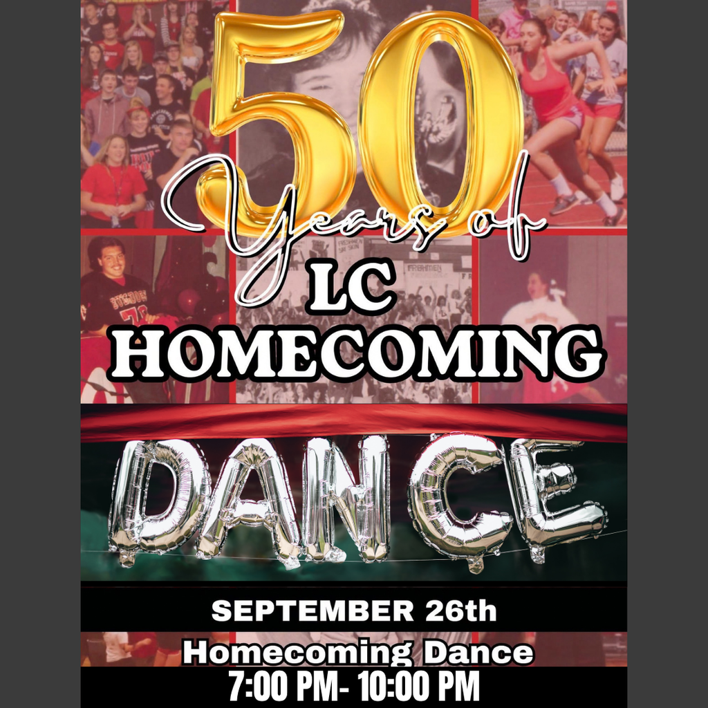 An event poster shows multiple photos of people. "50 Years of LC Homecoming Dance" is written in gold.