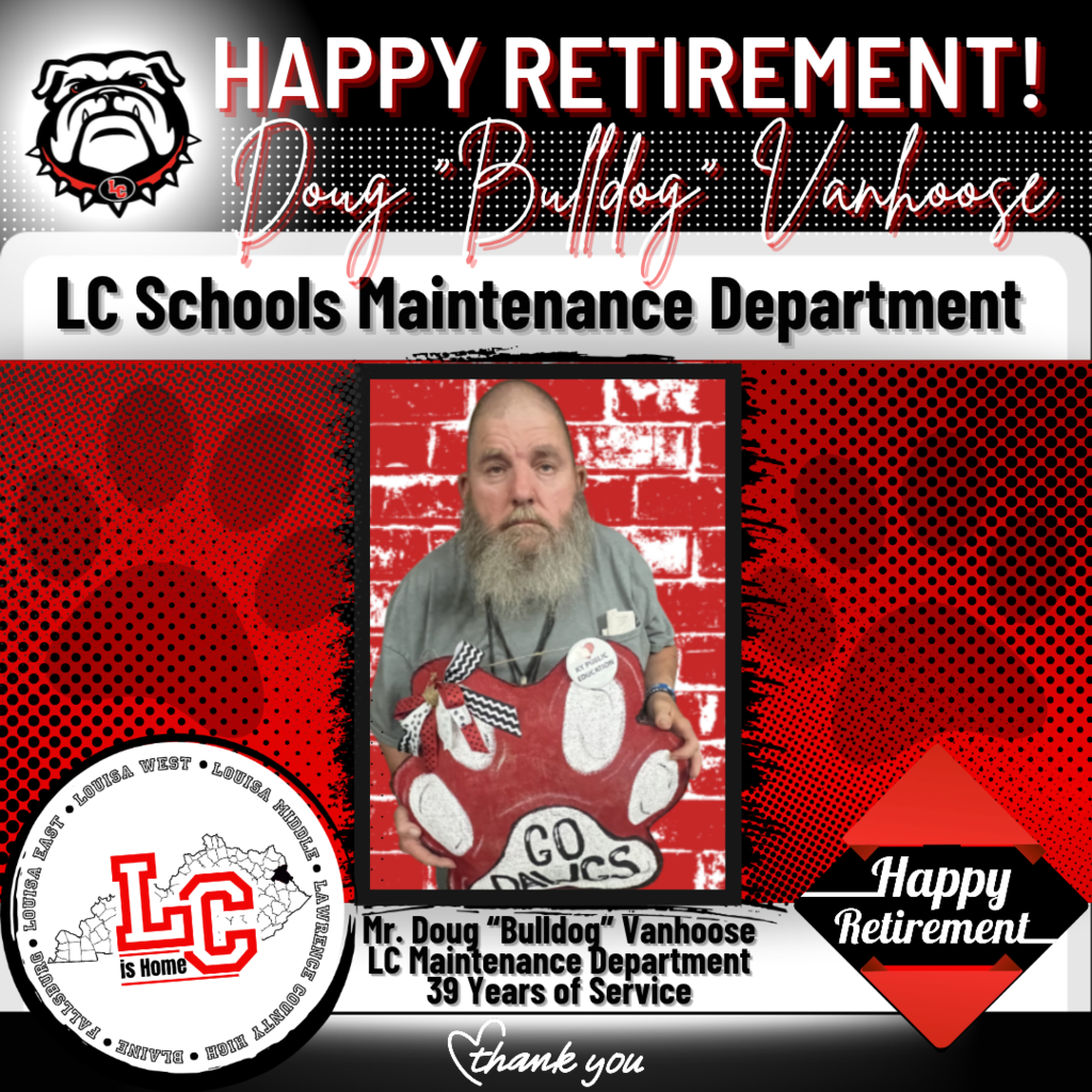 A retirement celebration poster featuring a man with a gray beard holding a red paw print.