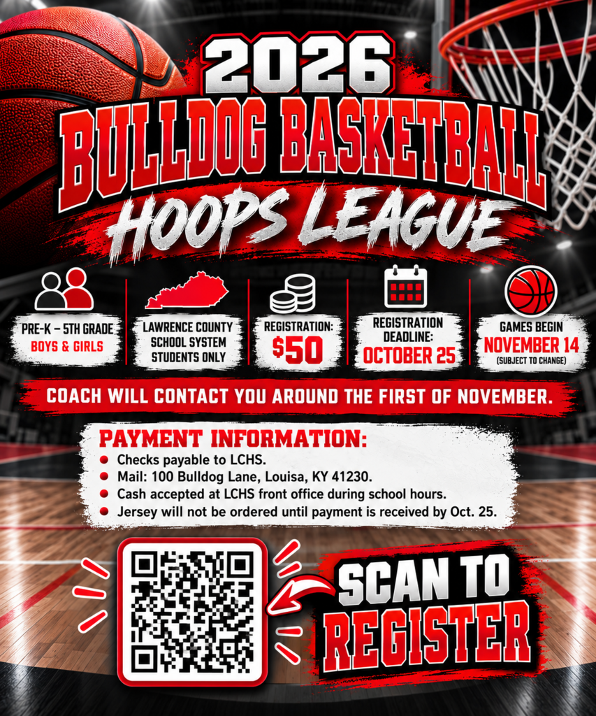 A basketball league poster shows a basketball, hoop, and court. Information includes 2026 date, registration fee of $50, and registration deadline.