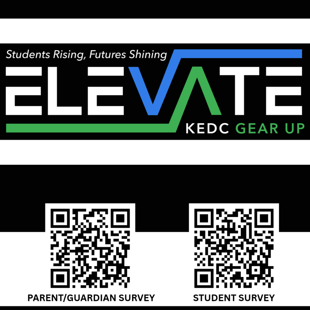 Blue and white banner with "Students Rising, Futures Shining" and "ELEVATE" text. Two QR codes below text.