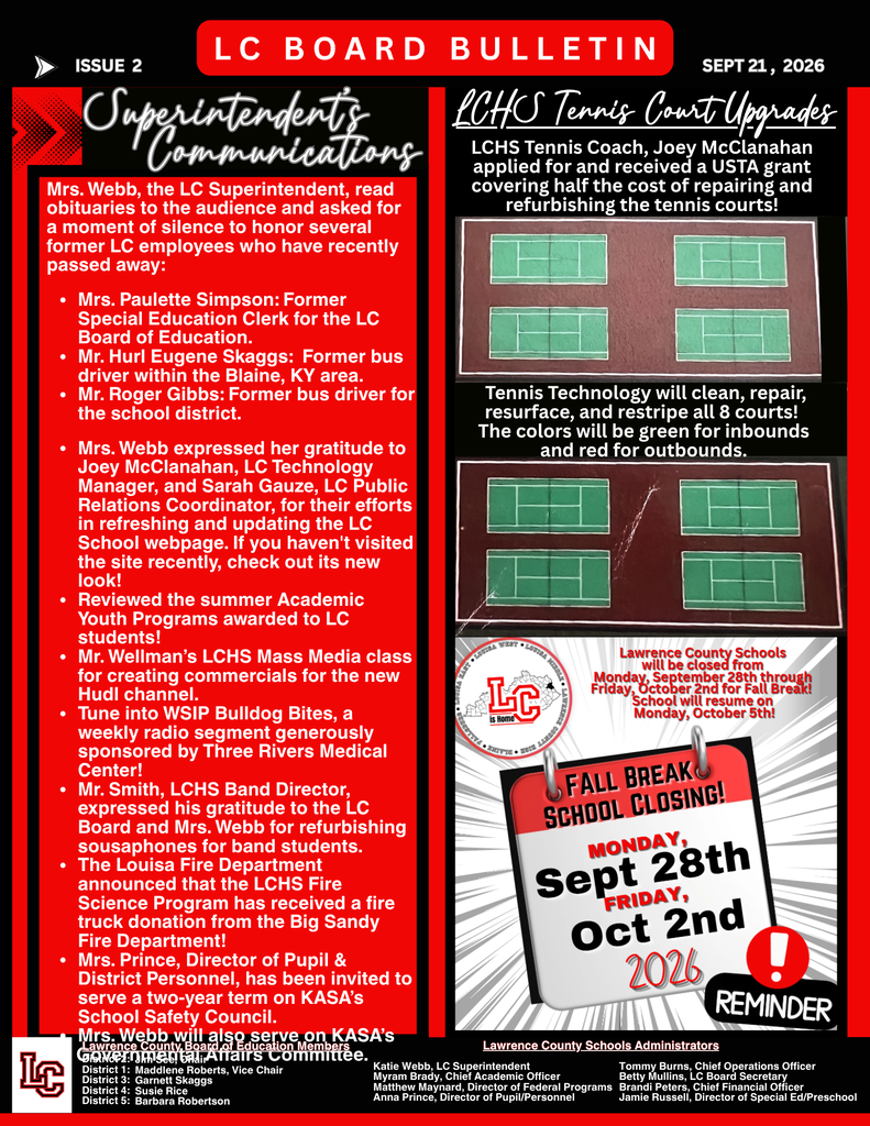 A bulletin with red and white colors, text, and images. Two tennis courts with green nets and red paint.