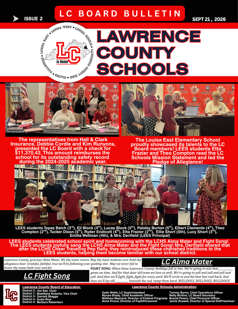 A bulletin from Lawrence County Schools includes a headline, logo, and images of students, teachers, and the Board of Education.