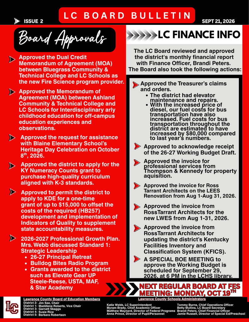 Black and red bulletin with "LC Board Bulletin" at the top. "Sept. 2, 2023" at top right. A list of approvals with bullet points on left side.