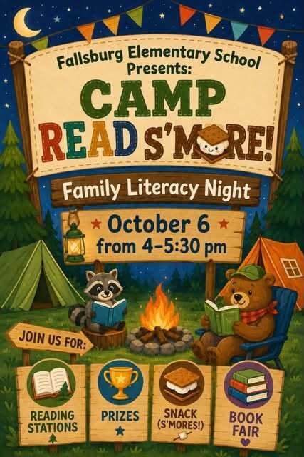 Banner for Fallsburg Elementary School's Camp Read's More Family Literacy Night. Features raccoon and bear reading.