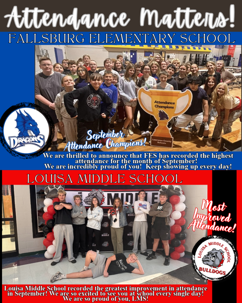 Collage shows students and staff of Fallsburg Elementary School and Louisa Middle School standing with trophies.