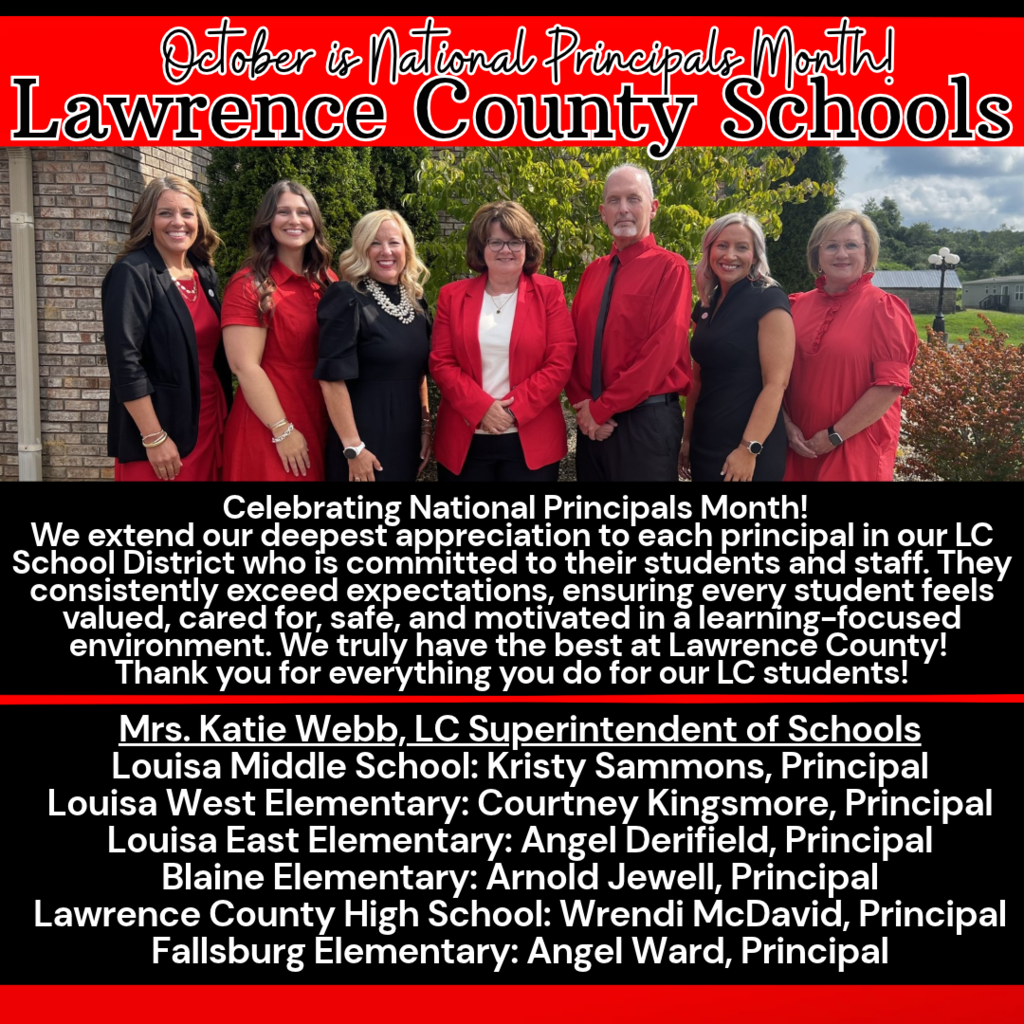 Banner highlights staff, including the superintendent, in red attire for National Principals Month. Green plants and a building in the background.