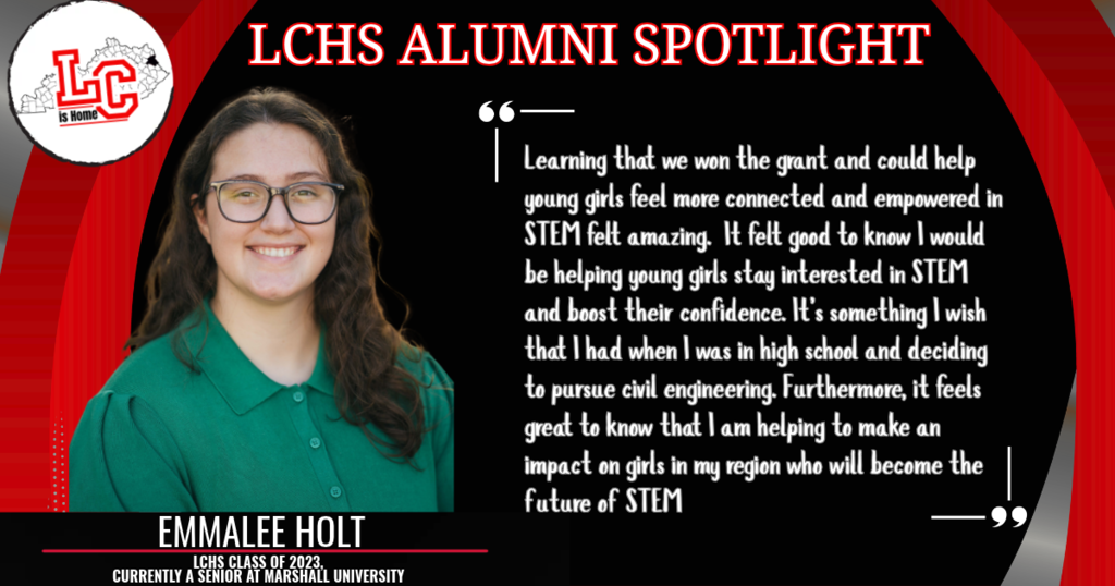 A woman wearing glasses and a green shirt. Text reads "LC High School Alumni Spotlight."