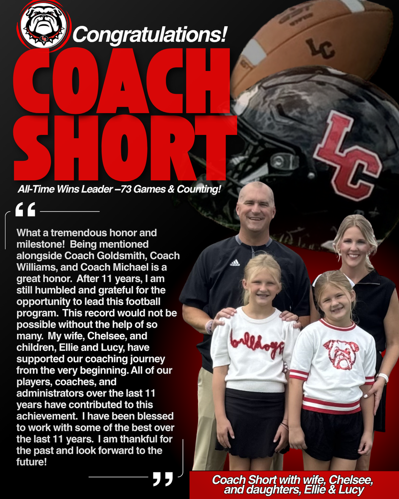 A poster shows Coach Short, family, and two girls, celebrating a football milestone. Red and black colors dominate.