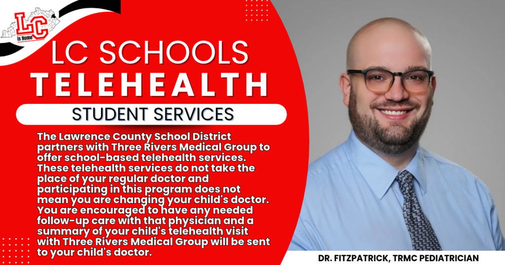 A man in glasses and a blue shirt smiles for an ad. Text reads "LC Schools Telehealth Student Services."