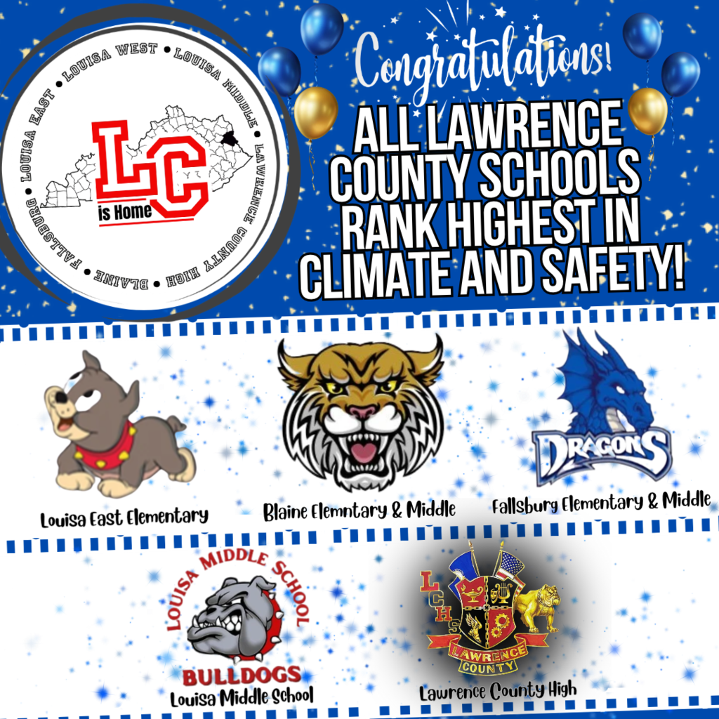 Blue banner with white text. Logos for four schools. "Congratulations! All Lawrence County Schools Rank Highest in Climate and Safety!"