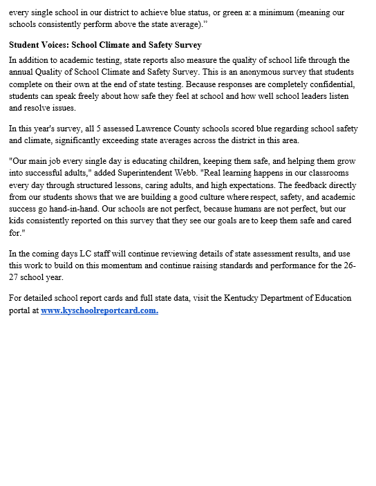 A document with text about school safety, survey results, and a reference to the Kentucky Department of Education.