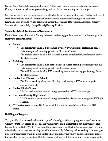 A document titled "School-by-School Performance Breakdown" displays performance ratings of various schools in Lawrence County. Ratings include yellow, green, and red.