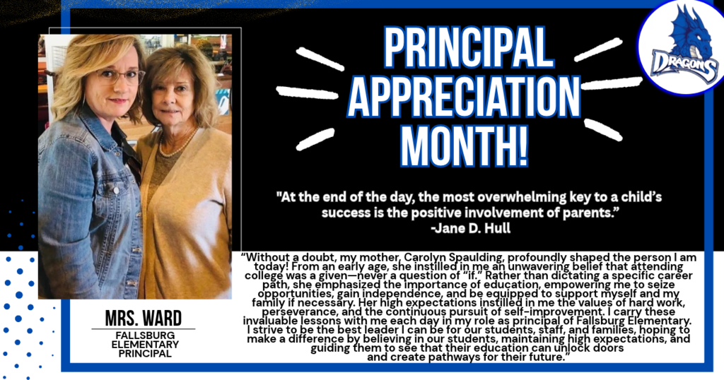 Black poster with blue border, featuring two women and text: Principal Appreciation Month! At the end of the day, the most overwhelming key to a child’s success is the positive involvement of parents.