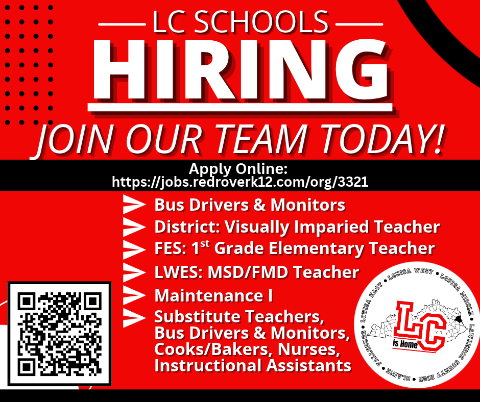 Job posting for LC Schools with red and black background. QR code, link, and job categories.