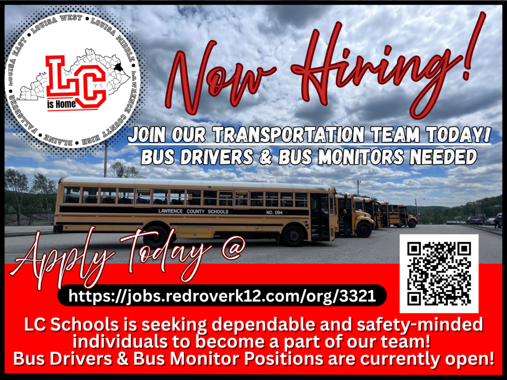 Advertisement for bus driver and monitor positions with a QR code, logo, and buses in a parking lot.