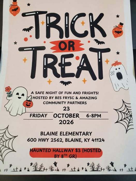 Flyer for a Halloween event. "Trick or Treat" is written in black with orange and white.