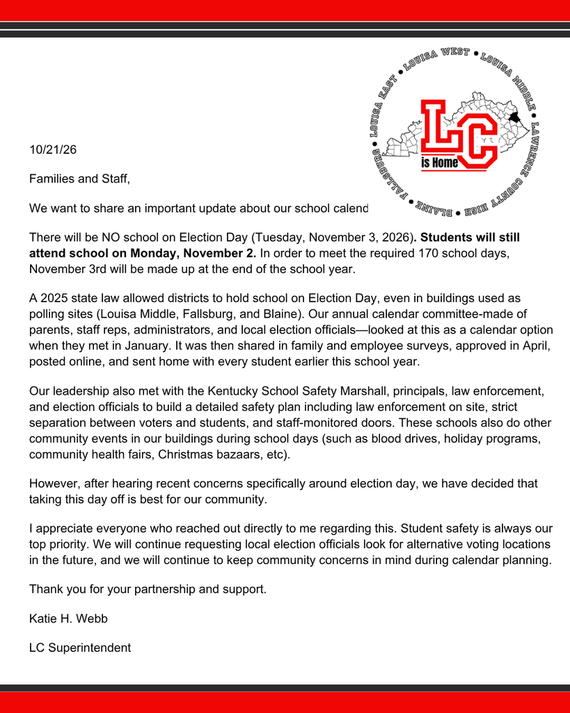 Letter with LC logo and text discussing school calendar updates. Background contains text and LC logo.