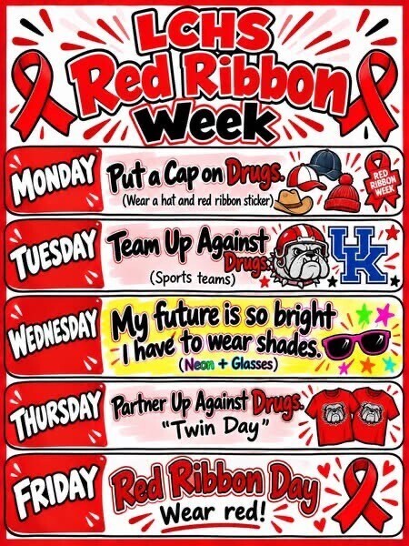 Red banner with days of the week and activities in red, white, and black.