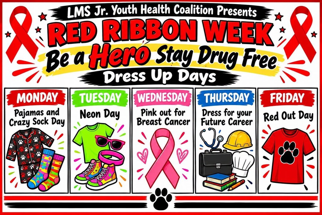 Poster with red ribbon, days of week, and themed dress-up suggestions for Red Ribbon Week.