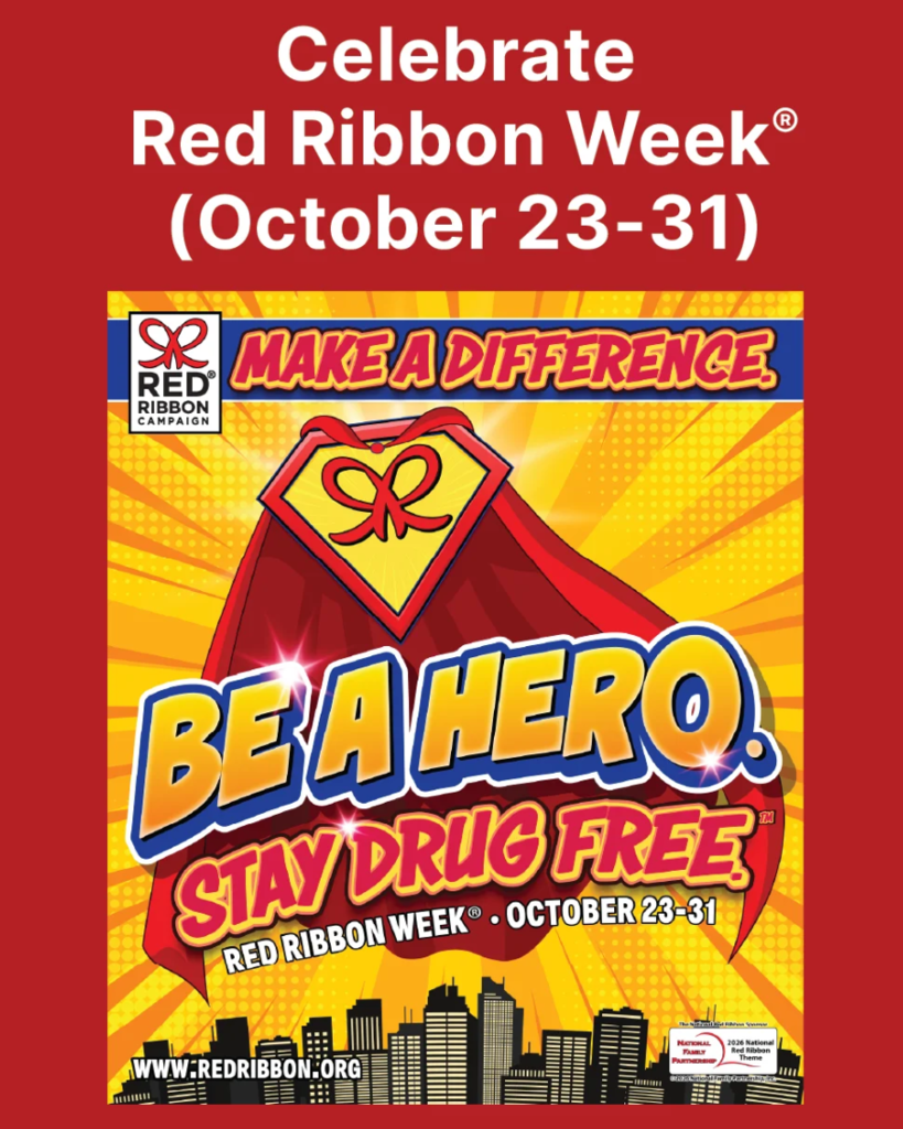 Poster with red background, bold yellow and blue text, red cape design, and city skyline image at bottom.