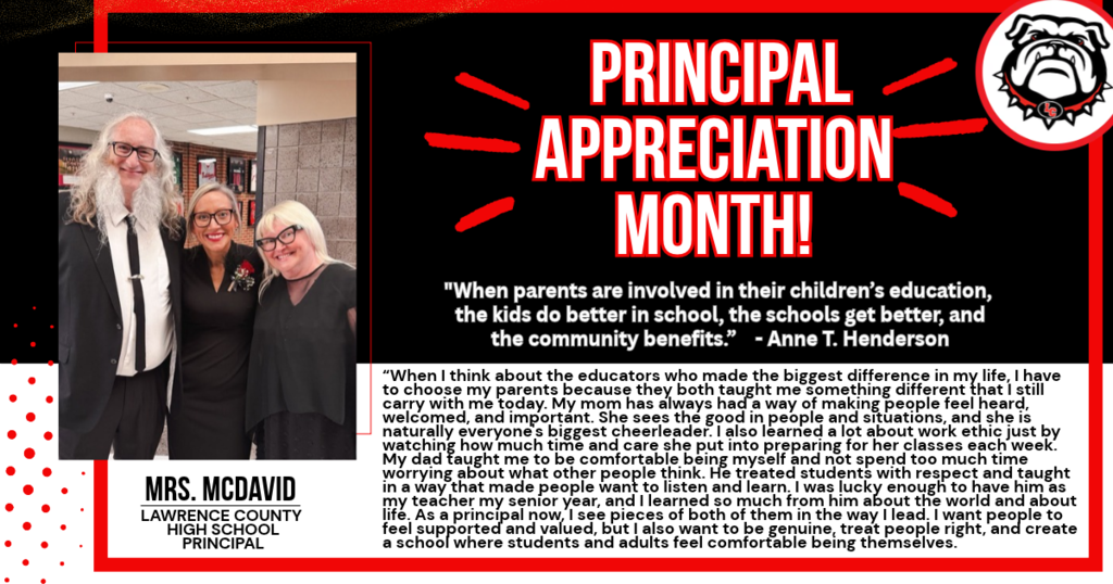 Black and red graphic with "Principal Appreciation Month!" text. A quote is from Anne T. Henderson. Three adults stand side by side, smiling.