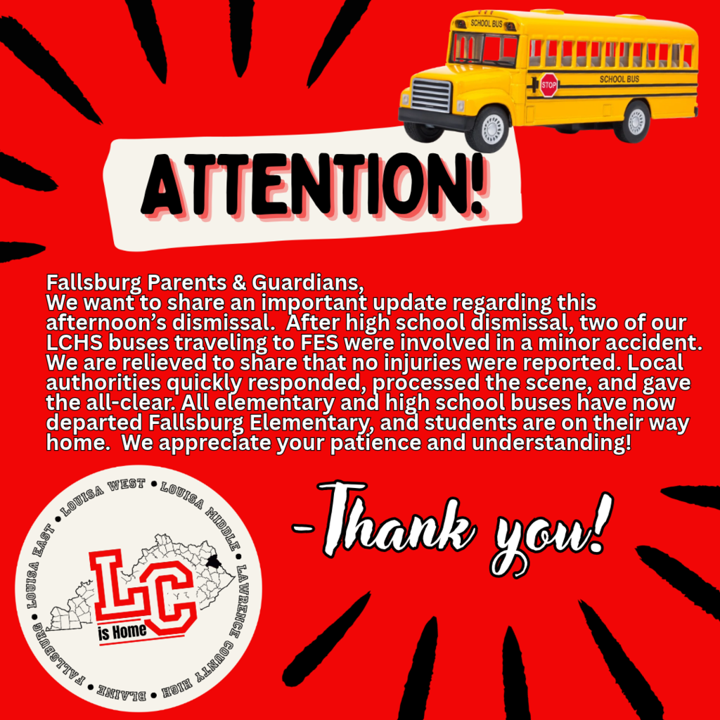 Red poster with yellow school bus image, bold text, "Attention!" "Thank you!" and white border with LC logo.