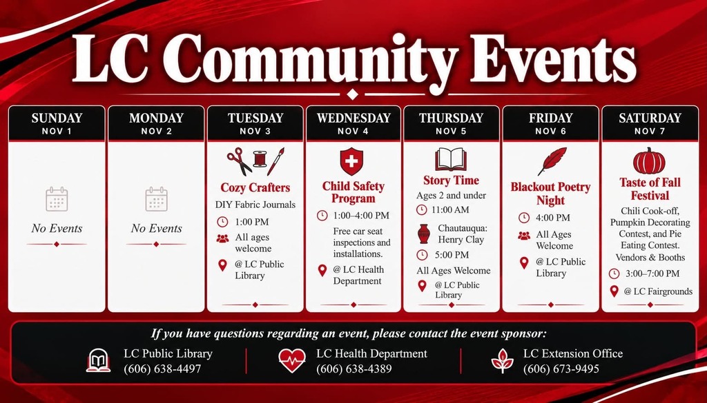 A poster for LC Community Events with a red background and white text listing event details.