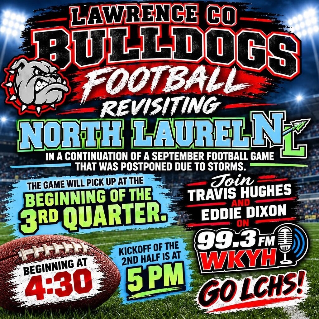 Poster with red, black, and white text reading "Lawrence Co Bulldogs Football Revisiting North Lauren". A football is pictured.