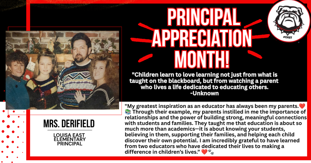 Black and red background with white text. Photo of smiling adults and children. Text reads "Principal Appreciation Month!"