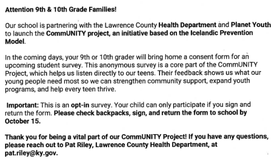 An announcement from school about the upcoming survey for 9th and 10th graders.