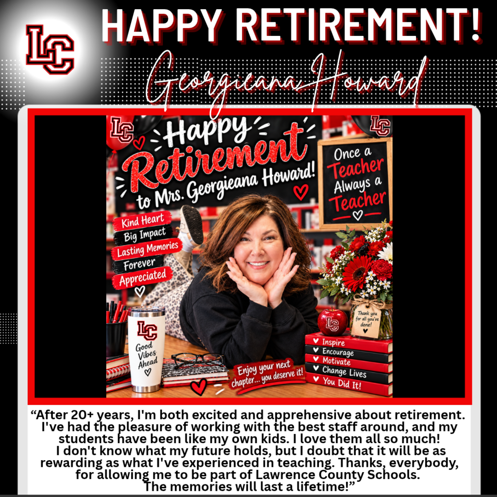 Red and black border. Text: Happy Retirement to Ms. Georgianna Howard. Photo of a woman smiling.