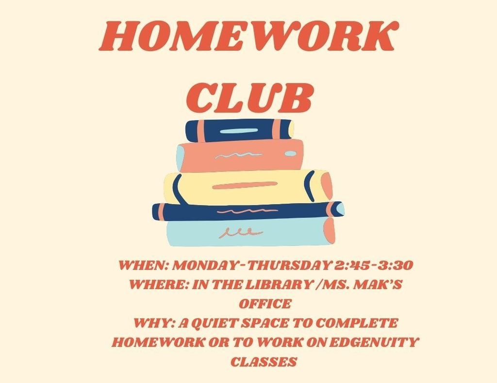 a stack of books with the words "homework club" and the dates the club is open. 