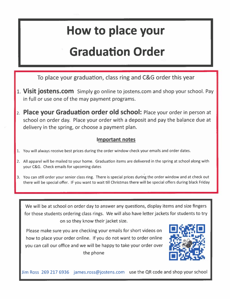 Spanish-language flyer explaining how to order graduation items, class rings, and caps and gowns through Jostens online or at school. Includes payment options, ordering discounts, delivery details, and information about ring sizing and school jackets. Contact: Jim Ross, 269-217-6936, james.ross@jostens.com. A QR code links to school shopping information.